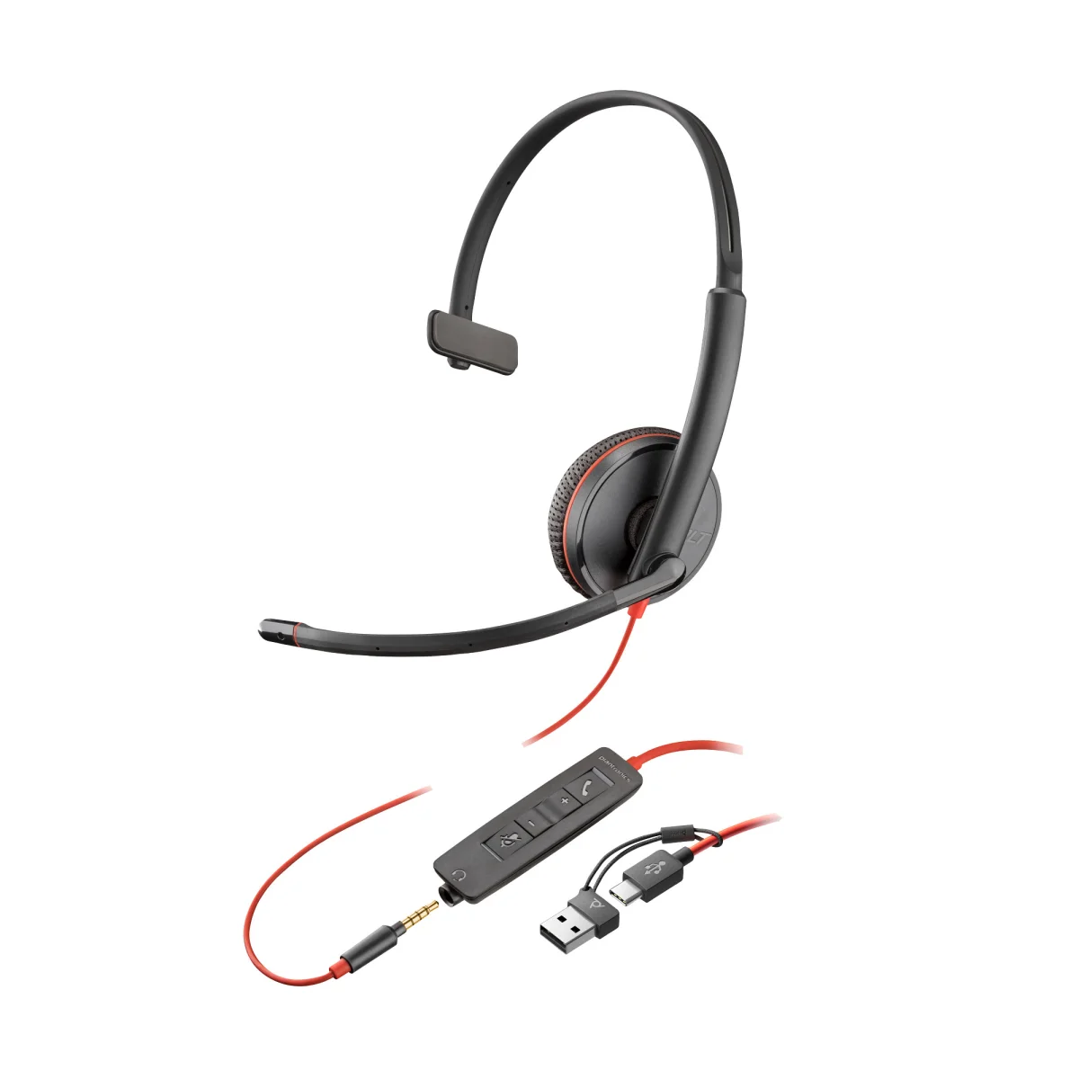 Poly Blackwire 3215 Mono Headset | USB-C | 3.5mm | USB-A Adapter – 8X227A6