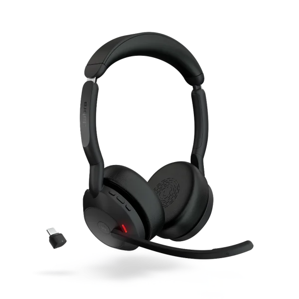 Jabra Evolve2 55 Wireless Headset Link 380c UC Stereo Black – 25599-989-899-01 - Angled View