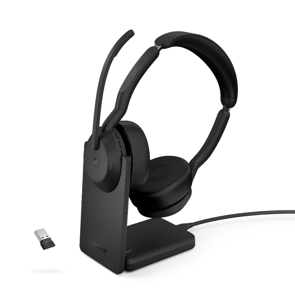 Jabra Evolve2 55 Wireless Stereo Headset with Stand & Link 380a MS Black Microsoft Teams Certified – 25599-999-989-01 - Angled View